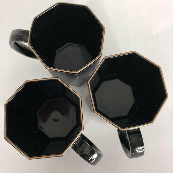 3 Arcoroc Black Shanghai Mugs Gold Trim Octime Octagon Made France Coffee Cups - Picture 5 of 6